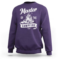 Purple crewneck sweatshirt with white campfire slogan graphic on the back