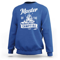 Royal blue crewneck sweatshirt with white campfire slogan graphic on the back