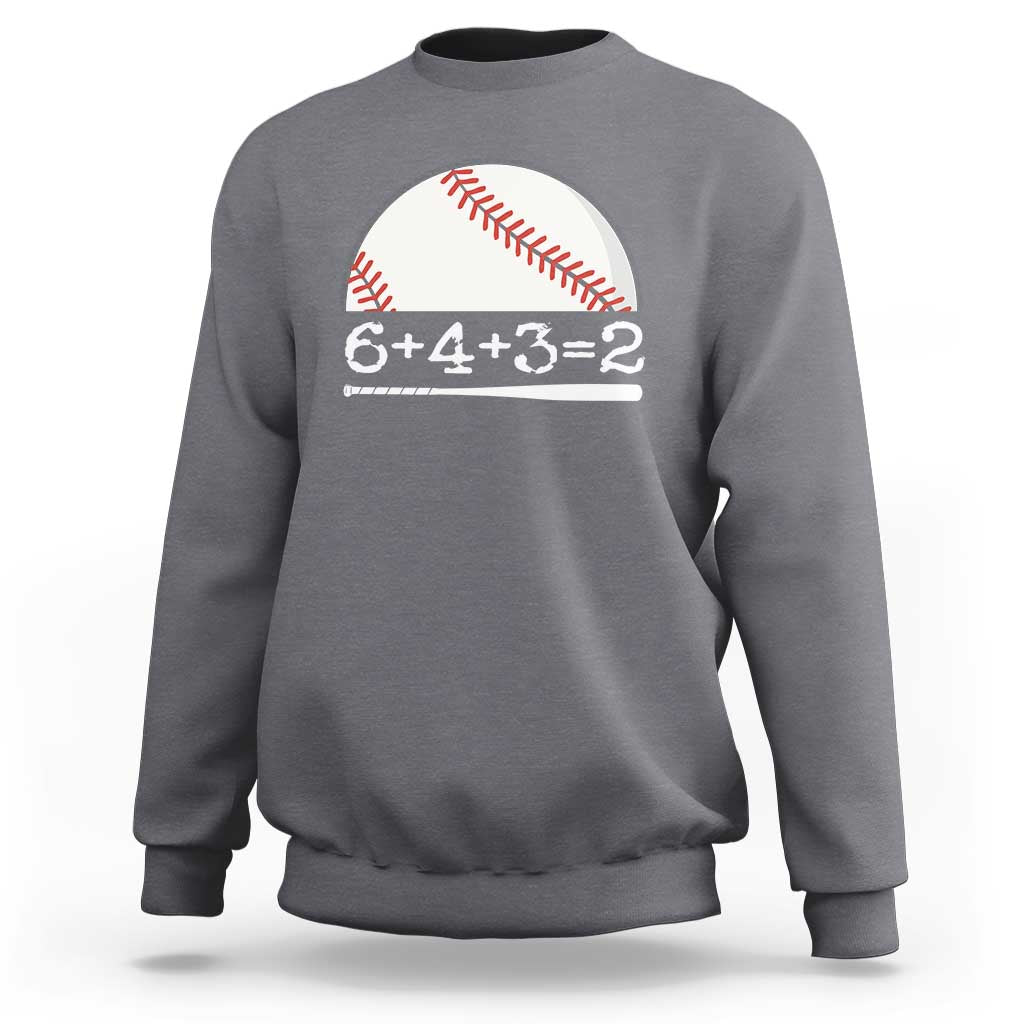 Charcoal gray baseball sweatshirt with 6+4+3=2 graphic and long sleeves
