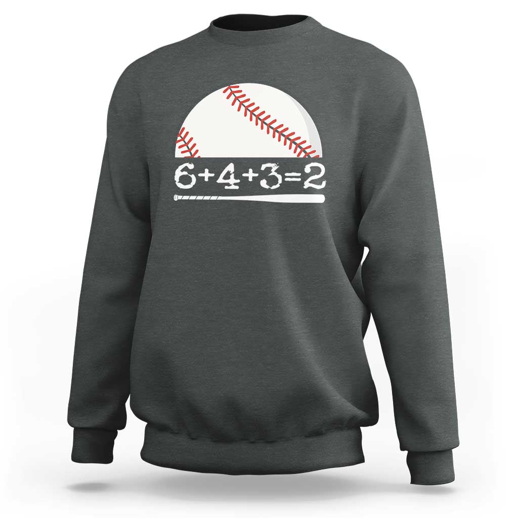 Dark heather gray baseball sweatshirt with 6+4+3=2 graphic and long sleeves