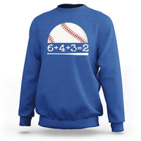 Royal blue baseball sweatshirt with 6+4+3=2 graphic and long sleeves