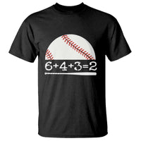 Black baseball graphic T-shirt with white ball, red laces, and 6+4+3=2 print