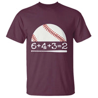 Maroon baseball graphic T-shirt with white ball, red laces, and 6+4+3=2 print