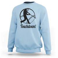 Light blue baseball sweatshirt with black “Touchdown!” player graphic on front
