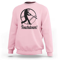 Light pink baseball sweatshirt with black “Touchdown!” player graphic on front