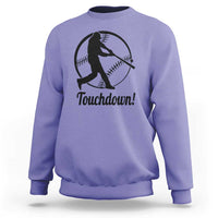 Violet baseball sweatshirt with black “Touchdown!” player graphic on front