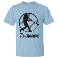 Light blue baseball T-shirt with black player silhouette, footballs, and “Touchdown!” text graphic