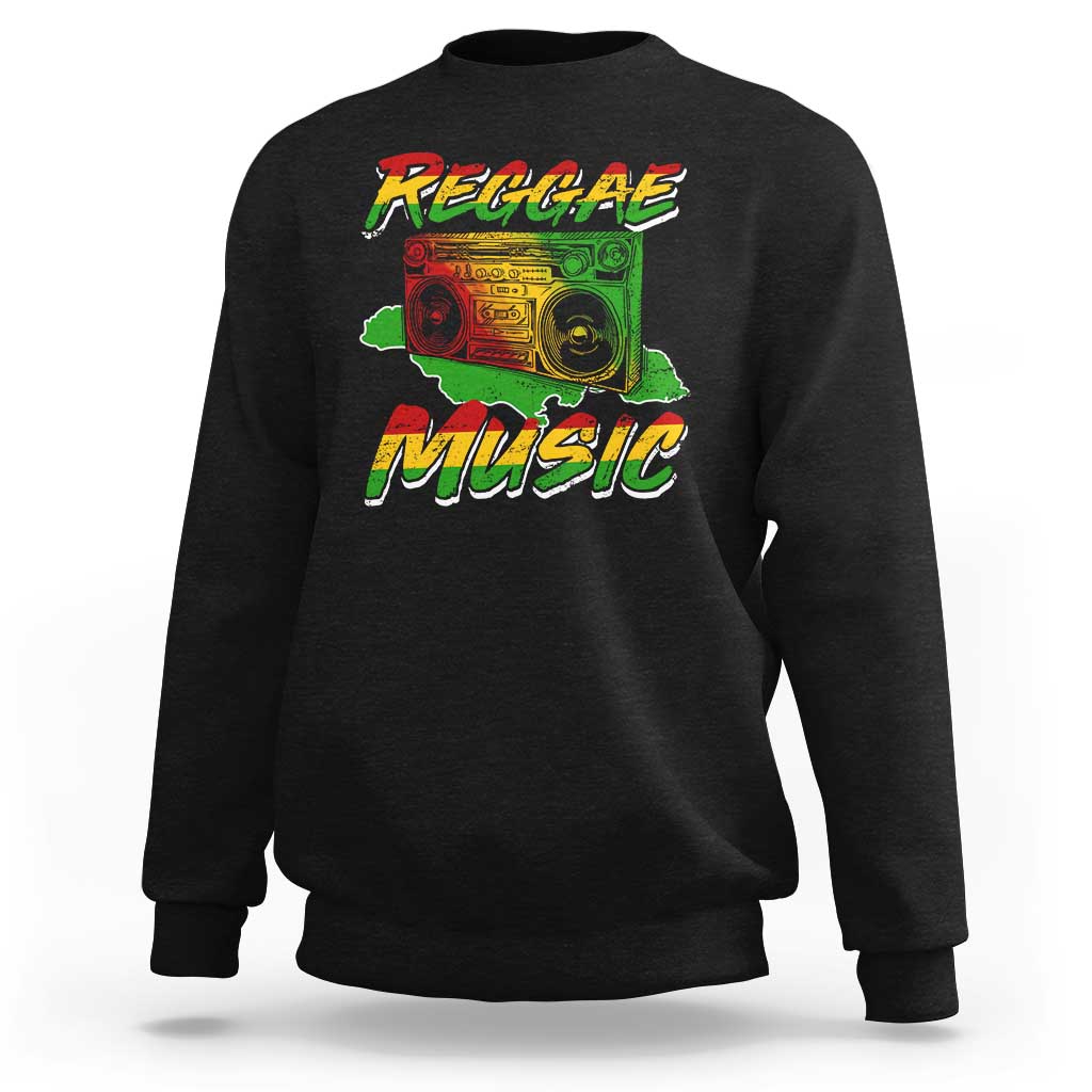 Black crewneck sweatshirt with 'Reggae Music' graphic print on front.