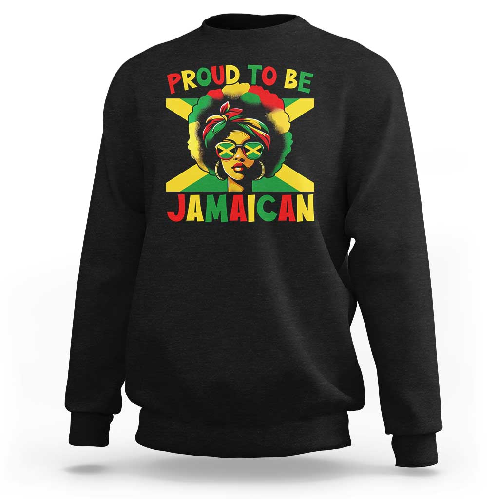 Black Jamaican pride sweatshirt with 'Proud to be Jamaican' colorful front graphic.