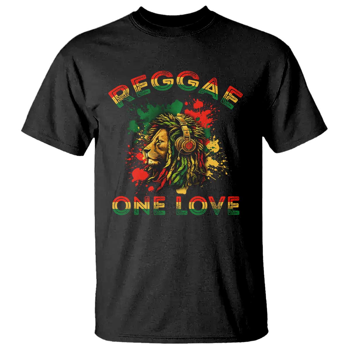 Black short-sleeve graphic T-shirt with lion wearing headphones and "One Love" print