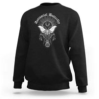 Black crewneck sweatshirt with moth-butterfly graphic on chest