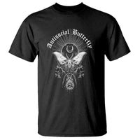 Black graphic T-shirt with large moon-and-butterfly emblem on the chest