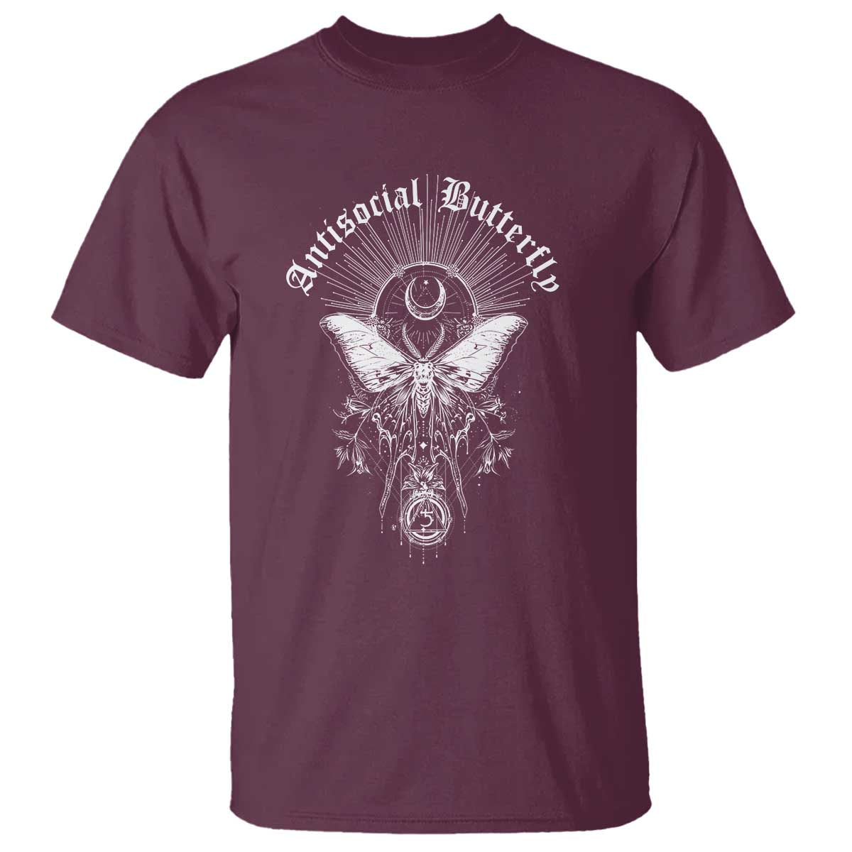 Maroon graphic T-shirt with large moon-and-butterfly emblem on the chest