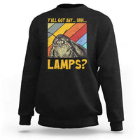 Men's black crewneck sweatshirt with moth graphic and 'LAMPS?' text