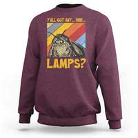 Men's maroon crewneck sweatshirt with moth graphic and 'LAMPS?' text