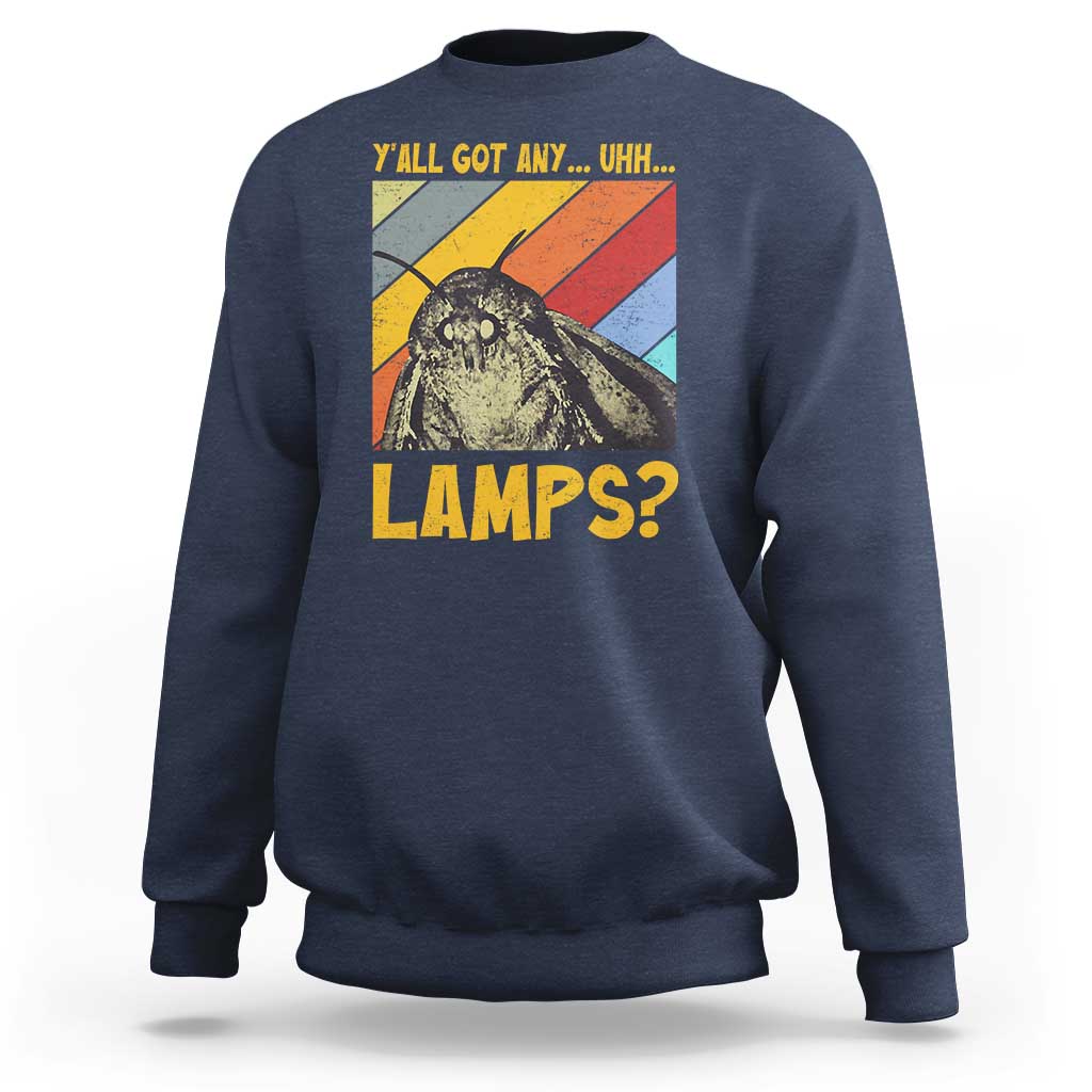 Men's navy crewneck sweatshirt with moth graphic and 'LAMPS?' text