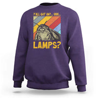 Men's purple crewneck sweatshirt with moth graphic and 'LAMPS?' text