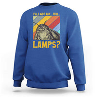 Men's royal blue crewneck sweatshirt with moth graphic and 'LAMPS?' text