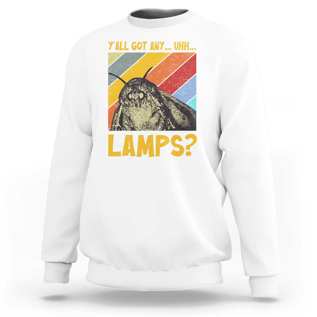 Men's white crewneck sweatshirt with moth graphic and 'LAMPS?' text
