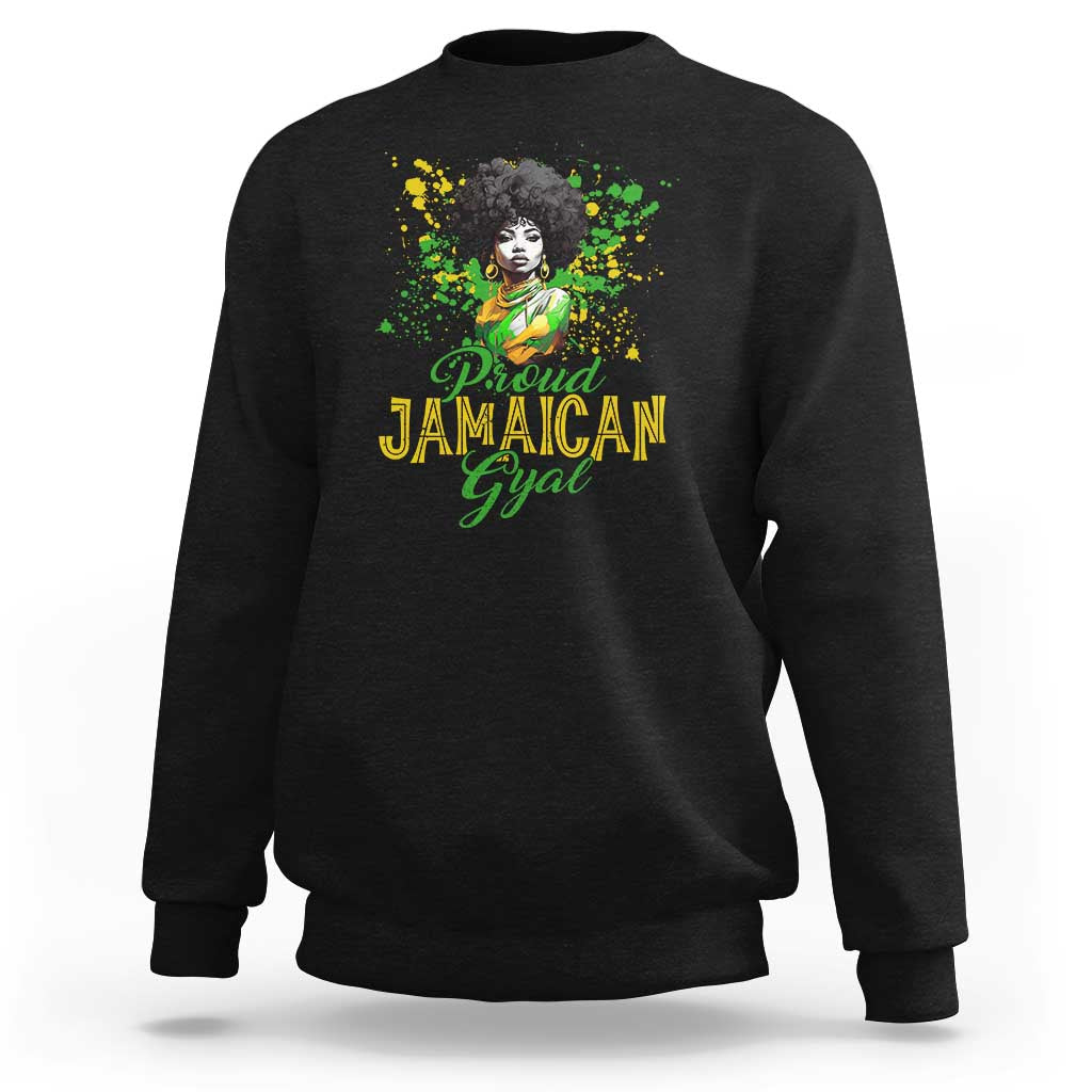 Black crewneck sweatshirt with colorful Jamaican Gyal graphic on back.