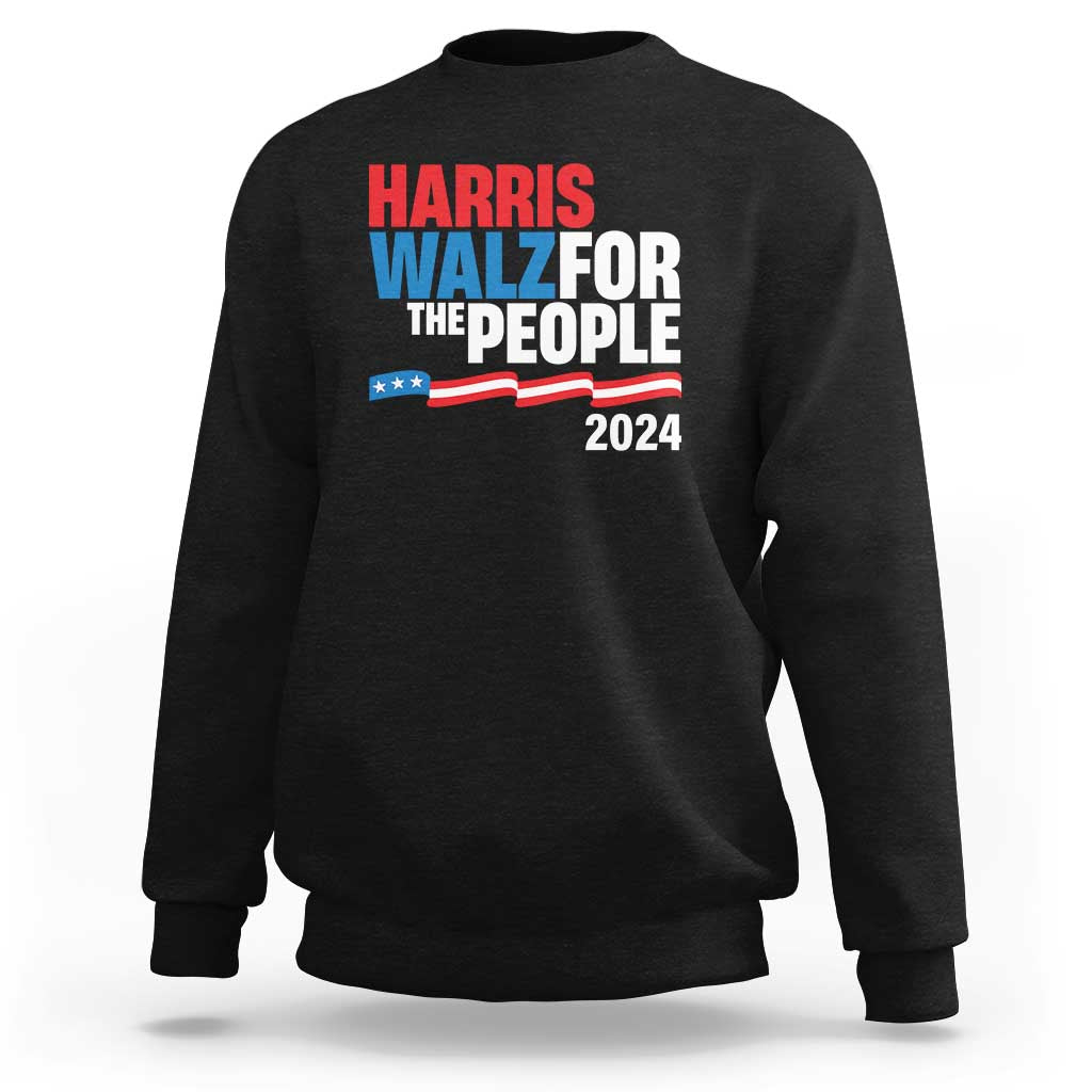 Black crewneck sweatshirt with 'Harris Walz for the People 2024' flag graphic