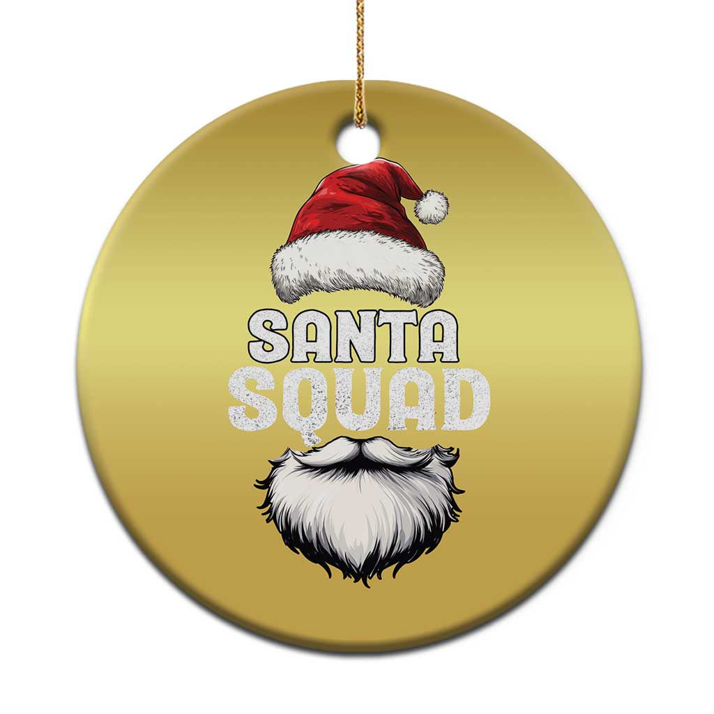 Gold round Christmas ornament with Santa Squad text and a Santa beard