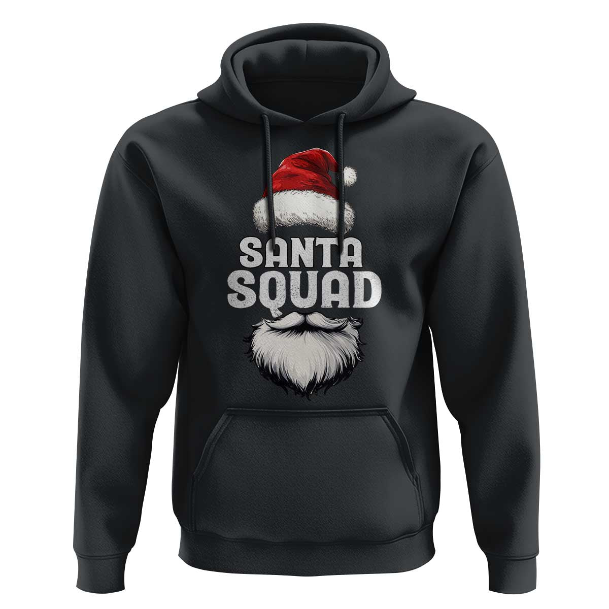 Black Santa Squad hoodie with red-and-white beard graphic