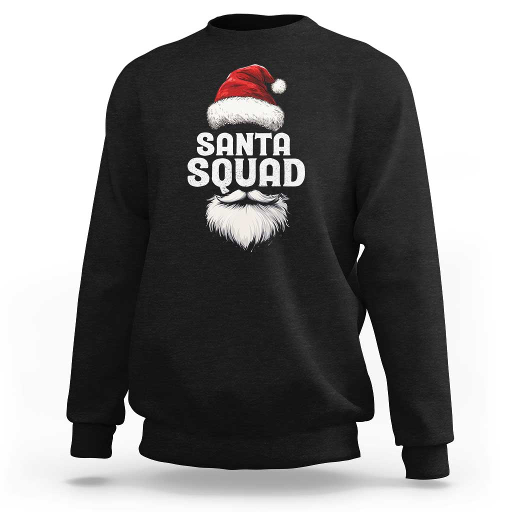 Black crewneck sweatshirt with Santa Squad hat-and-beard graphic