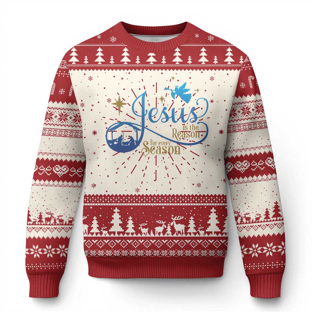 Red crewneck Christmas sweater with nativity scene, trees, and snowflake patterns
