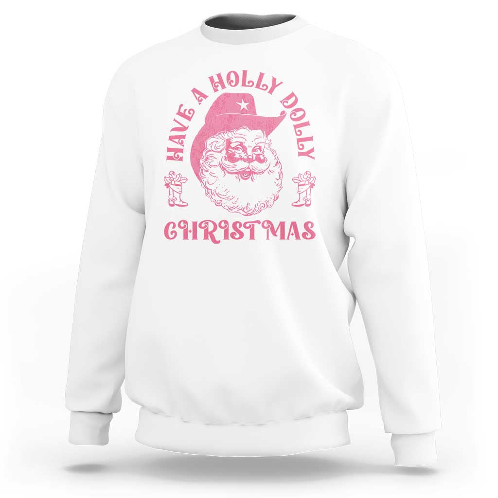 White Christmas sweatshirt with pink Santa face graphic and holly lettering