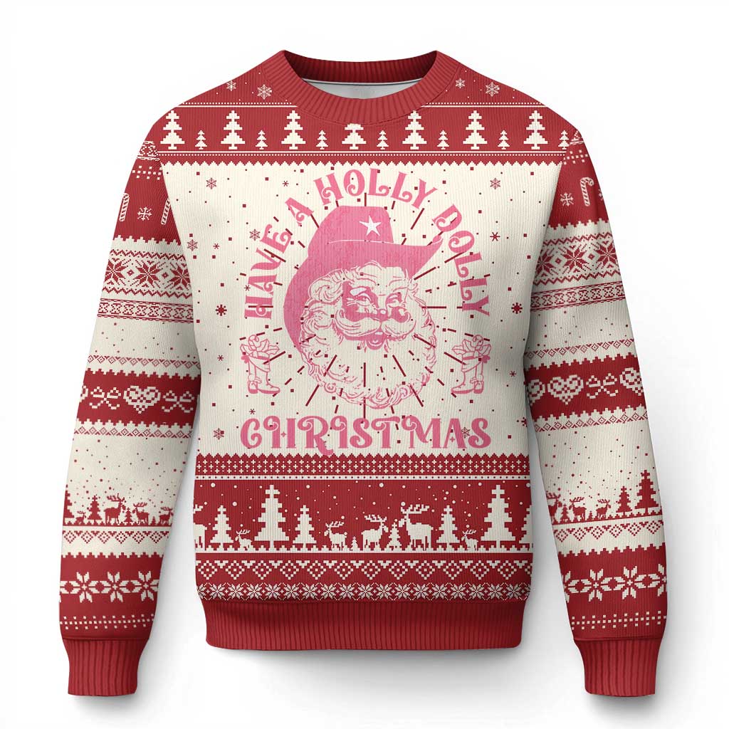 Red crewneck Christmas sweater with pink Santa face, holly lettering, and fair-isle trim