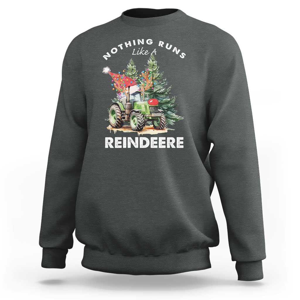 Dark heather Christmas tractor sweatshirt with 'REINDEERE' graphic and 'Nothing Runs Like' text