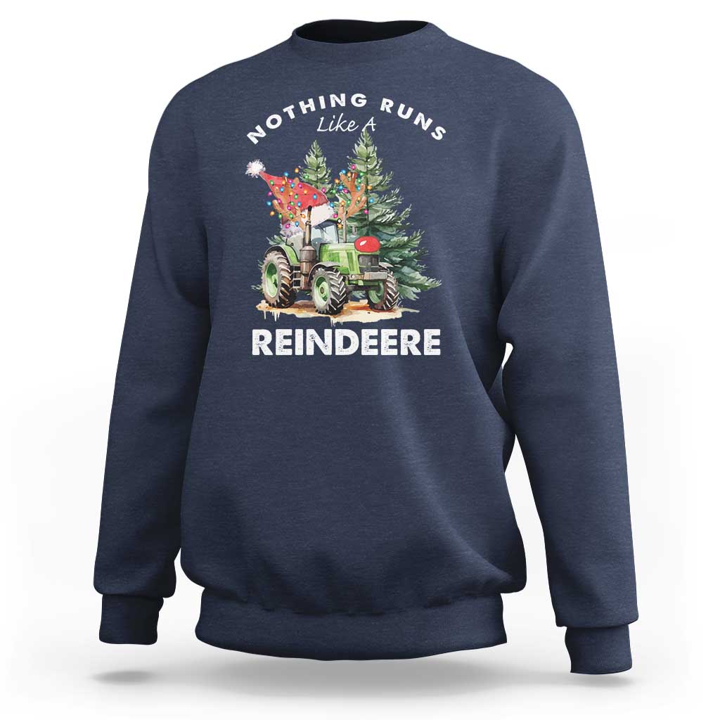 Navy Christmas tractor sweatshirt with 'REINDEERE' graphic and 'Nothing Runs Like' text