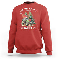Red Christmas tractor sweatshirt with 'REINDEERE' graphic and 'Nothing Runs Like' text