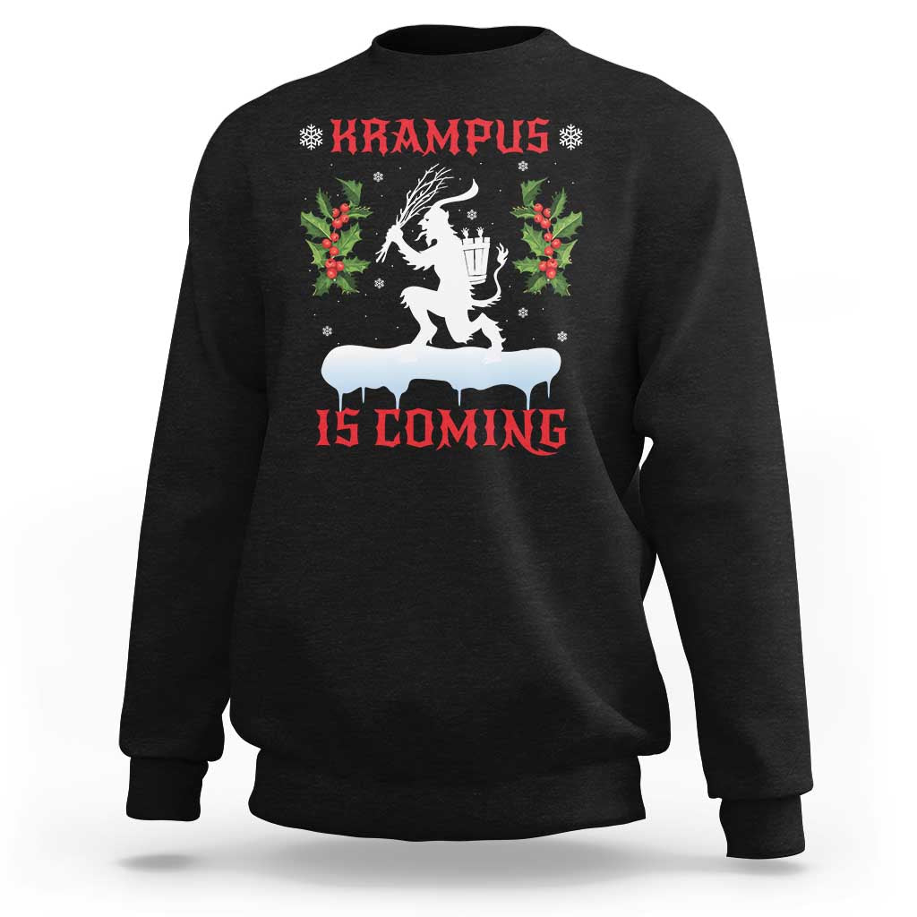 Black crewneck Christmas Krampus sweatshirt with festive graphic on front