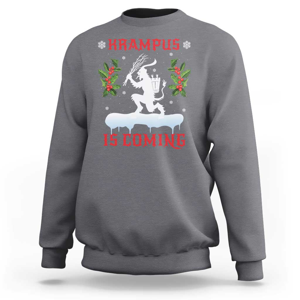 Charcoal gray crewneck Christmas Krampus sweatshirt with festive front graphic