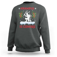 Dark heather gray crewneck Christmas Krampus sweatshirt with festive front graphic