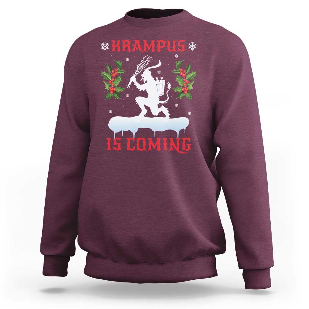 Maroon crewneck Christmas Krampus sweatshirt with festive front graphic