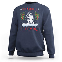 Navy blue crewneck Christmas Krampus sweatshirt with festive front graphic