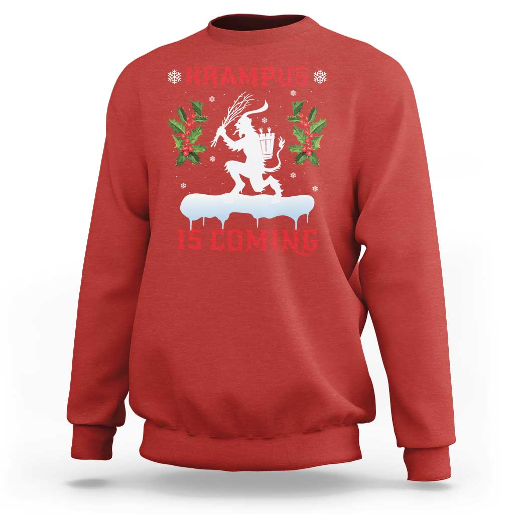 Red crewneck Christmas Krampus sweatshirt with festive front graphic