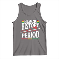 Dark heather sleeveless crew-neck tank top with colorful 'Black History Period' graphic