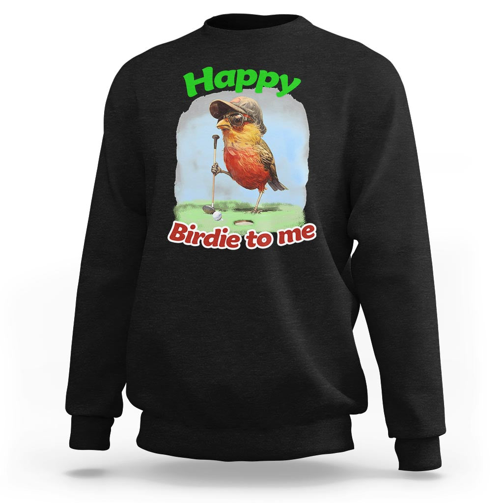 Black golf birthday sweatshirt with front bird graphic and text "Happy" "Birdie to me"