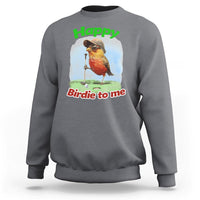 Ice gray golf birthday sweatshirt with front bird graphic and text "Happy" "Birdie to me"