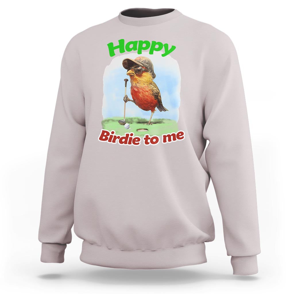 Light pink golf birthday sweatshirt with front bird graphic and text "Happy" "Birdie to me"