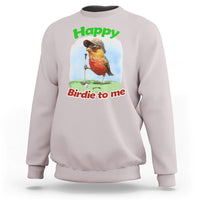 Light pink golf birthday sweatshirt with front bird graphic and text "Happy" "Birdie to me"