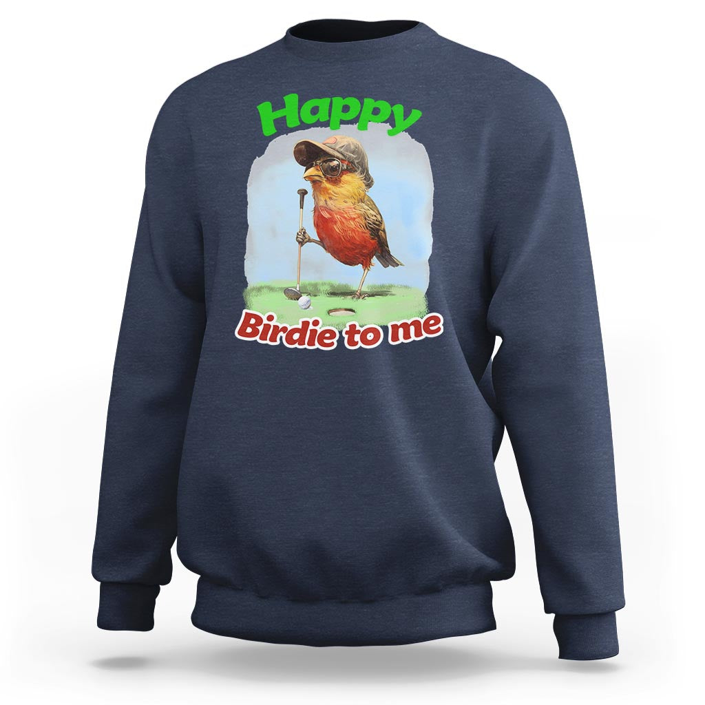 Navy golf birthday sweatshirt with front bird graphic and text "Happy" "Birdie to me"