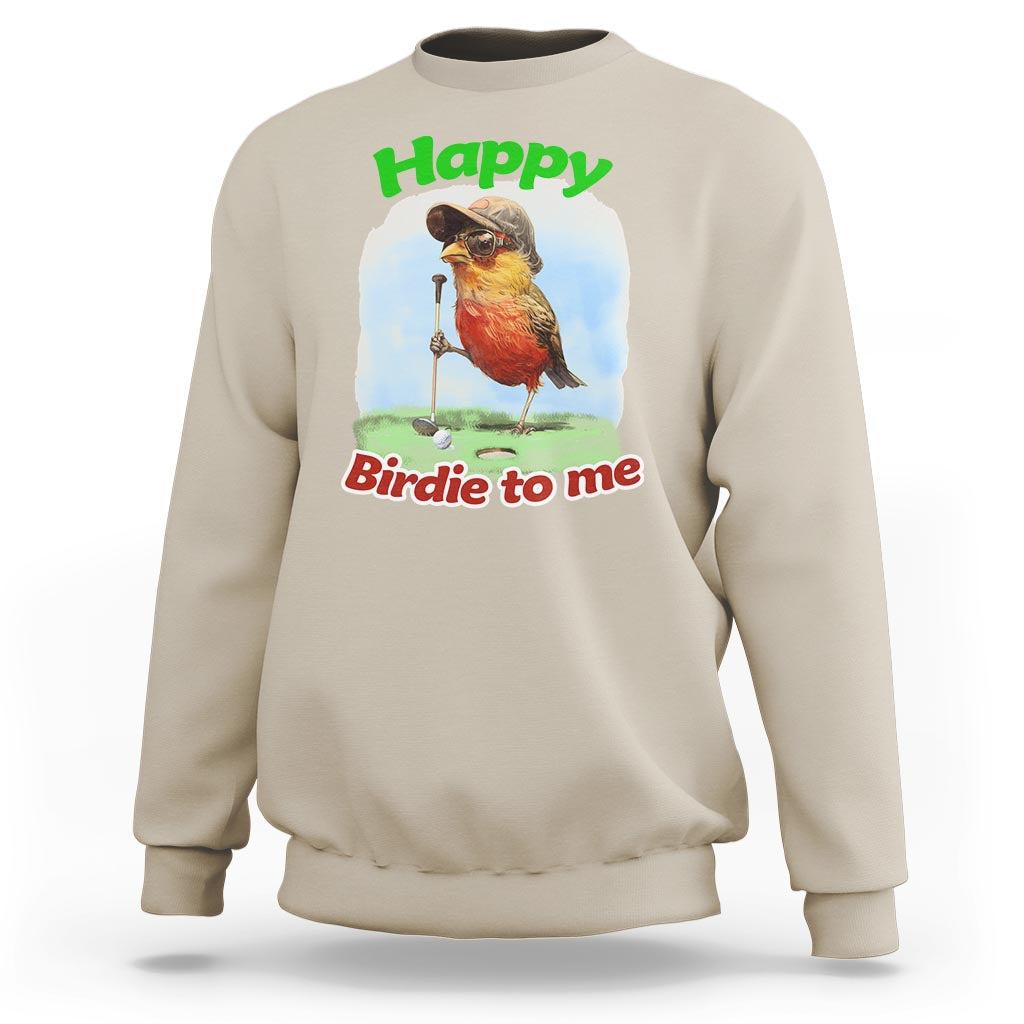 Sand-colored golf birthday sweatshirt with front bird graphic and text "Happy" "Birdie to me"