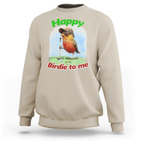Sand-colored golf birthday sweatshirt with front bird graphic and text "Happy" "Birdie to me"