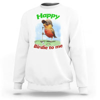White golf birthday sweatshirt with front bird graphic and text "Happy" "Birdie to me"