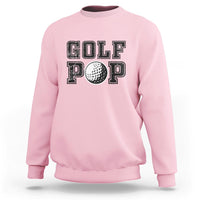 Crewneck sweatshirt, pale pink, “GOLF POP” golf ball graphic on chest